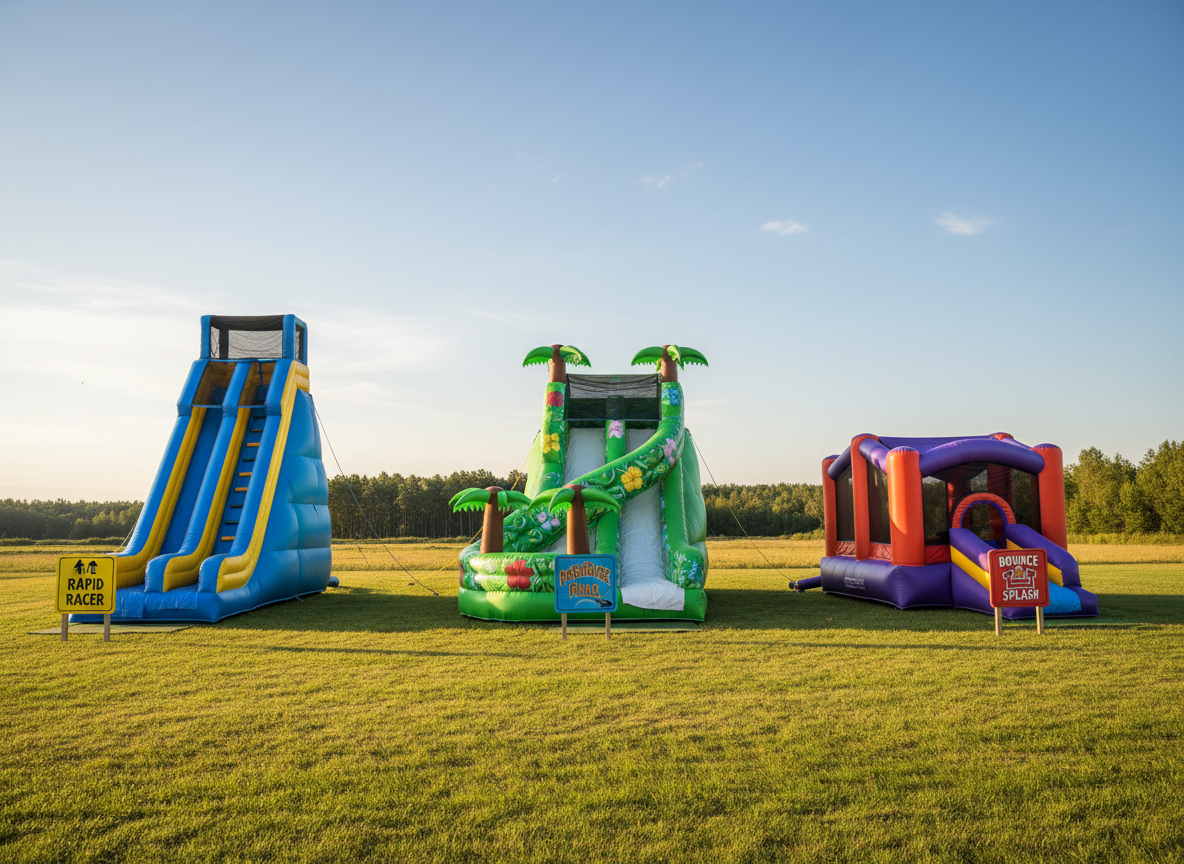 A playful, photographic scene of three distinct water slides fully inflated on a large grassy field, each separated with clear space and marked by bright, freestanding rental signs with simple icons and bold names, all without people. One is a straight, steep slide with a tall ladder, another a curving tropical-style slide with inflatable palm trees, and the third a shorter combo unit with a bounce area and mini slide. Late-afternoon golden light creates rich, saturated colors and soft, elongated shadows. The camera is positioned at a low angle looking slightly upward, emphasizing the impressive height and fun shapes. The background is a softly blurred tree line and blue sky, giving the image an energetic, playful, and welcoming vibe in realistic, high-quality photography.