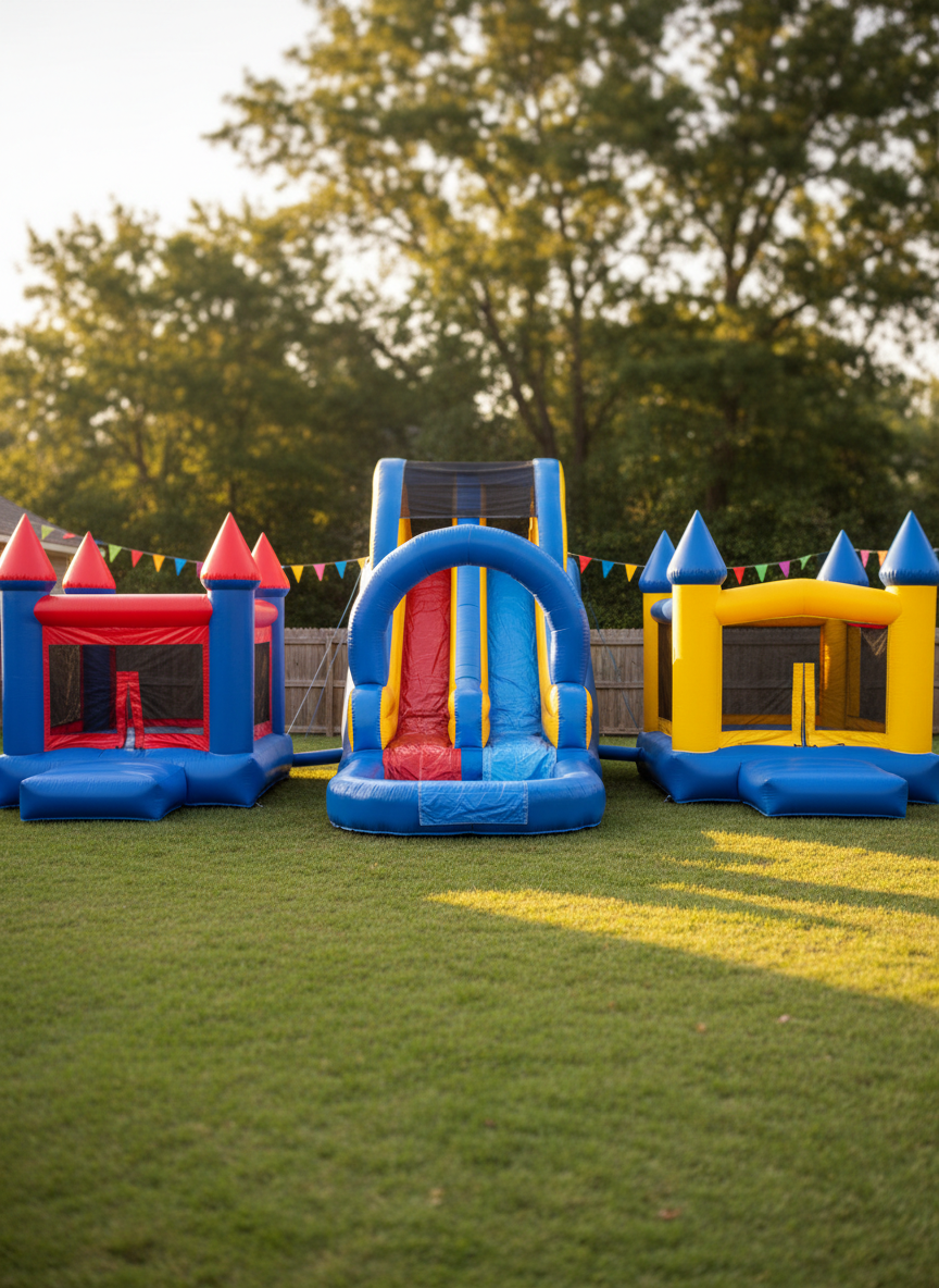 A row of three oversized inflatable bounce houses and water slides in vivid primary colors, each with glossy vinyl surfaces that catch the light, positioned on a perfectly manicured green lawn in a spacious suburban backyard. The central slide features a tall arched entrance and dual racing lanes, while the bounce houses have castle-style turrets and a mesh-fronted jumping area. Soft late-afternoon sunlight bathes the scene in a warm golden glow, creating gentle shadows behind each inflatable. The background shows a blurred wooden fence, trees, and festive banners without any people. Shot at eye level with a slightly wide angle, everything is in crisp focus, conveying a playful, energetic mood in bright, photographic realism.
