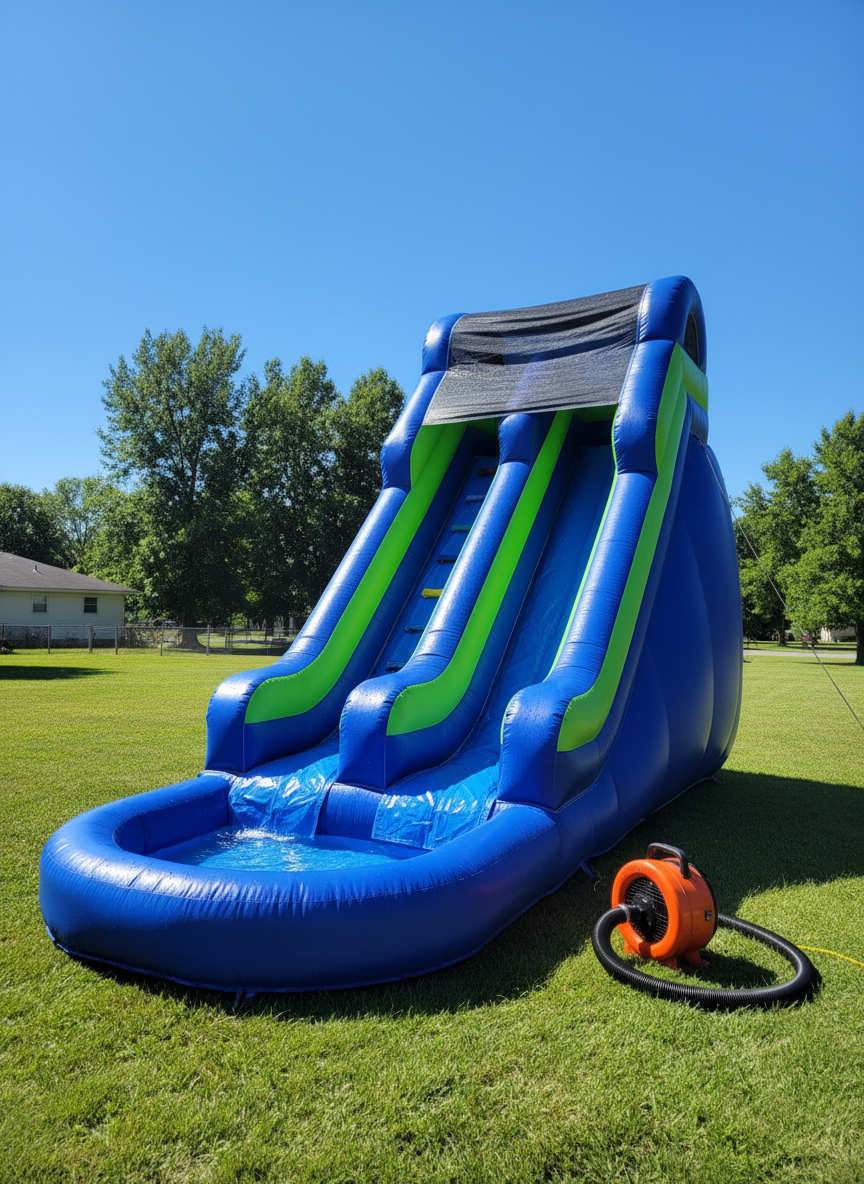 A single, towering blue and lime-green inflatable water slide with a glossy, slightly wet surface stands centered on a sunlit lawn, its curving slide lane leading to a small splash pool at the base. A bright orange blower and neatly coiled hose sit beside it, emphasizing the rental setup. The sky above is clear and intensely blue, with diffused midday sunlight creating sparkling highlights on the vinyl and subtle reflections on small water droplets. The composition uses the rule of thirds, with the slide dominating the frame and a softly blurred backdrop of trees and a simple house. The mood is fun and inviting, captured in vibrant, photographic realism that showcases the slide’s size, color, and pristine condition.