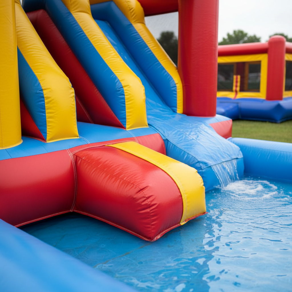 A close-up, slightly elevated view of the entrance to a colorful inflatable bounce house, showing the thick, air-filled seams, reinforced stitching, and smooth, shiny vinyl in red, yellow, and blue. The camera focuses on the padded step and small splash of a connected mini water slide plunging into a shallow pool with crystal-clear water rippling gently. Soft overcast daylight provides even, diffused lighting, minimizing harsh shadows and highlighting the textures of the materials. The background fades into a subtle bokeh of green grass and blurred inflatables, keeping the attention on product detail. The overall mood is playful yet professional, emphasizing safety, cleanliness, and quality in high-resolution photographic realism.
