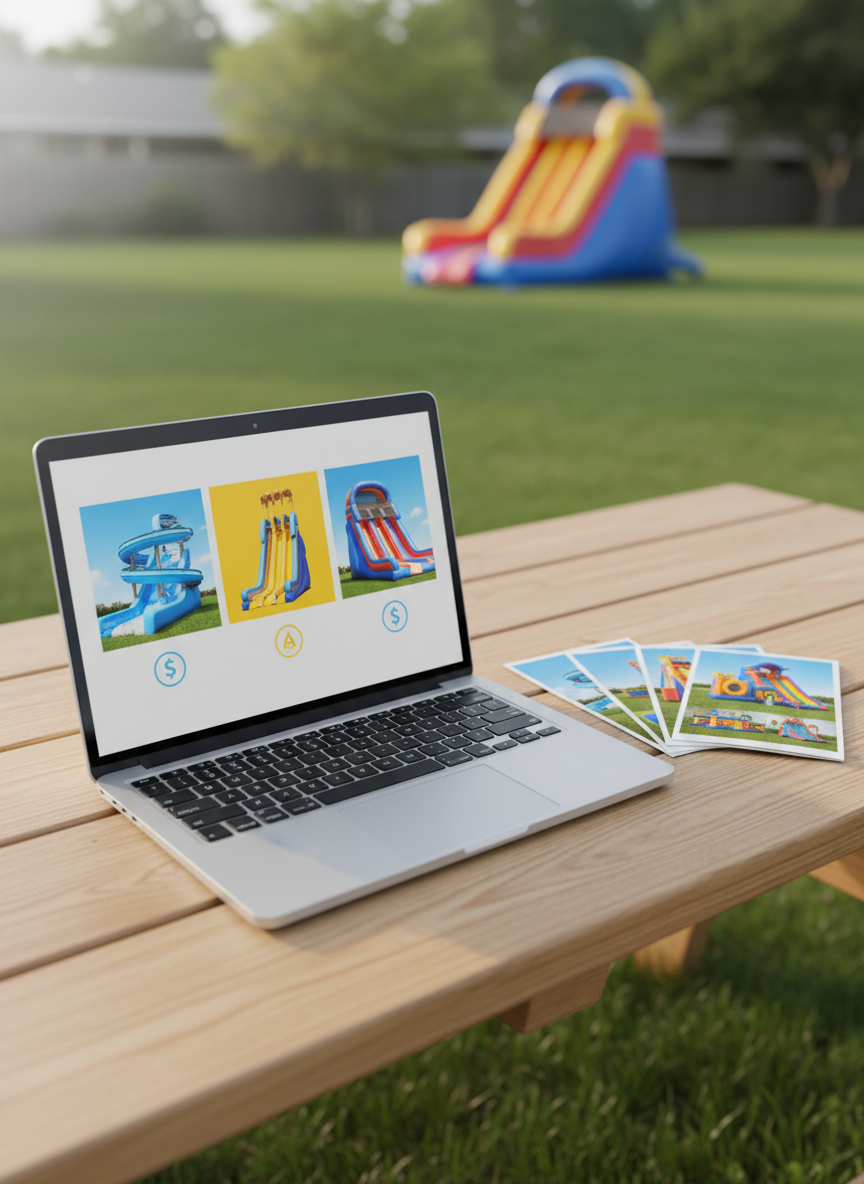 A clean, minimalist booking-themed composition featuring a sleek silver laptop on a light wooden picnic table, its screen displaying a brightly colored grid of three water slide options with large thumbnail photos and simple pricing icons, all rendered generically with no readable text. Beside the laptop sits a stack of glossy tri-fold brochures showing miniature images of bounce houses and slides. Soft window-like daylight from the left creates gentle highlights on the metal, paper, and table grain. The background is an out-of-focus glimpse of a green lawn and a distant inflatable slide, keeping the focus on the booking concept. Shot from a slightly elevated angle with shallow depth of field, the mood is modern, easy, and user-friendly, captured in clean photographic realism.