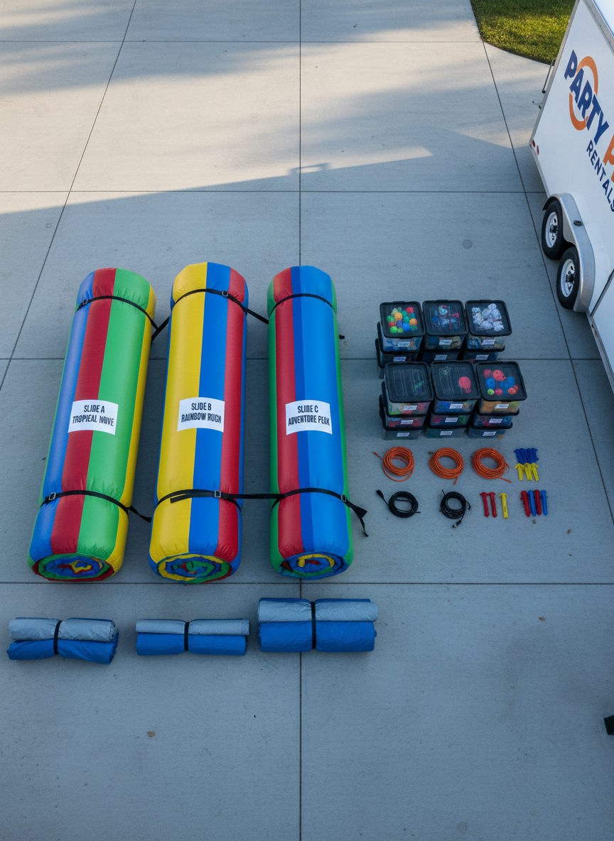 A wide, overhead photographic view of a neatly organized party rental staging area on a concrete driveway, featuring three rolled-up water slides in bright color combinations, each tightly strapped and labeled, next to stacked plastic tubs of accessories. Coiled extension cords, colorful stakes, and rolled tarps are arranged in tidy rows, creating a sense of order and readiness. Soft morning sunlight from the side casts long, gentle shadows and a cool, crisp clarity over the scene. The background includes the edge of a clean white delivery trailer with a bold logo partially visible, but no people. The composition emphasizes symmetry and structure, conveying a reliable, professional rental operation in a clean, modern photographic style.